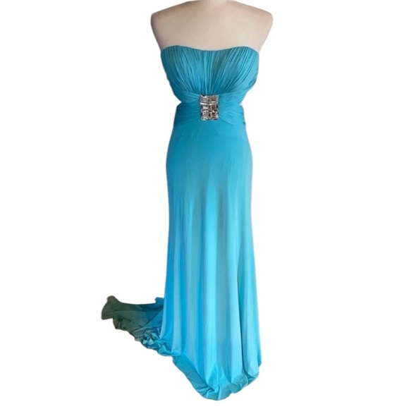 Jovani Strapless Evening Gown Aqua/Silver - Picture 1 of 5